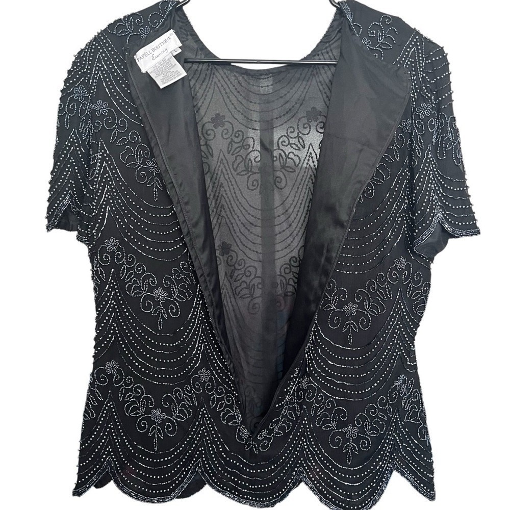VTG Papell Boutique Evening Beaded Top SZ L Blk/Grey Wedding Party Glam Retro - Picture 3 of 10